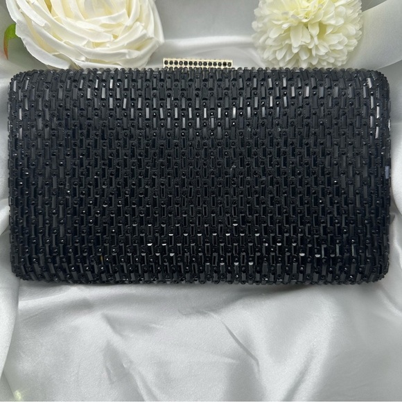 Black Beaded Evening Clutch – Formal Wedding Party Bag with Gold Chain NWT - Picture 3 of 15